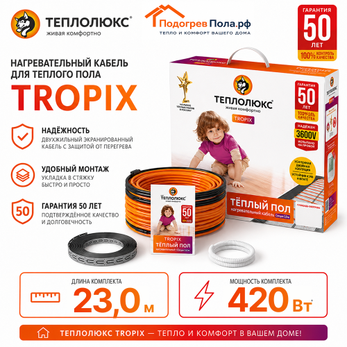 Нагревательный кабель для теплого пола "Теплолюкс" Tropix ТЛБЭ 23,0 м - 420 Вт